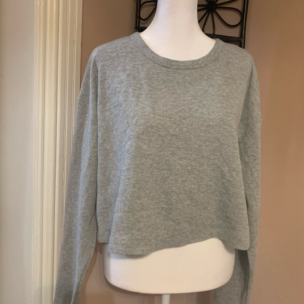 Sunday Best Light Gray Waffle Knit Top long sleeve cropped cozy soft